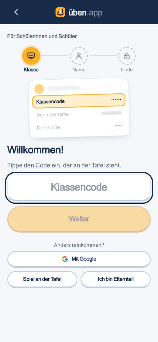 Die Schülertür auf dem Handy: das Feld für den Klassencode, und Weiter.